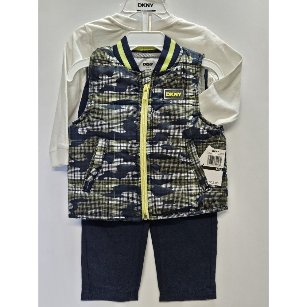 DKNY Size 18 M Set Of 3, Green- Blue Vest/ Blue Pants/ Cream Long Sleeve Print